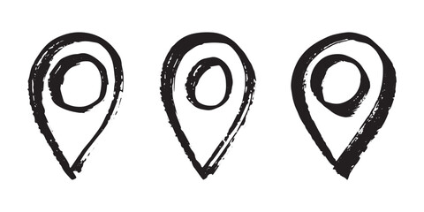 Set of hand drawn map pin Map marker pointer sign GPS and mapping tools Location pin symbol Pinpoint clipart in doodle style Single element for web, design
