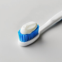 Blue toothbrush with toothpaste on grey background