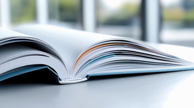 Close-up of an open book lying on a table, with a blurred background suggesting a bright, natural light source.