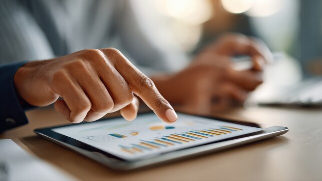 close-up of hands pointing at tablet screen with charts, teamwork focus, natural light tones