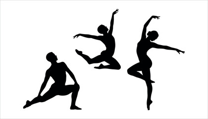 Three black silhouettes of ballet dancers in dynamic poses against a white background ballet dancer silhouette