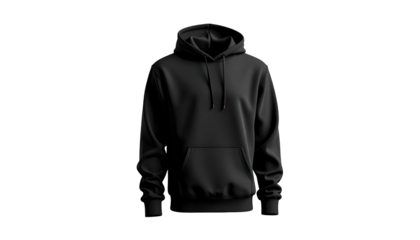 A studio shot of a classic black hoodie, with a pocket, hood, and drawstrings, isolated on black