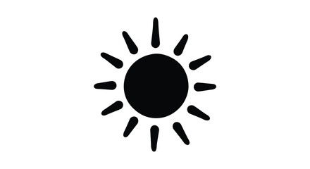A simple black sun icon with radiating rays graphically designed as a bold silhouette
