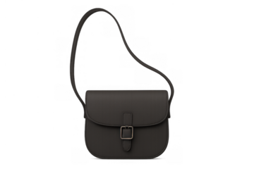Dark grey leather crossbody bag with buckle, essential fashion accessory for women, isolated on transparent background