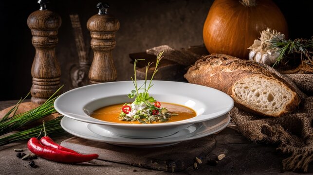 Richly garnished orange soup presented with artisan bread and rustic seasoning elements