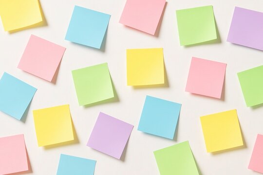 Colorful reminders: A cheerful collection of pastel sticky notes in vibrant hues adorns a clean surface, perfect for jotting down notes, ideas, and tasks.