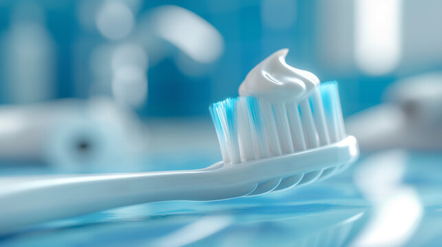 Toothbrush with toothpaste close-up on blue surface - Powered by Adobe