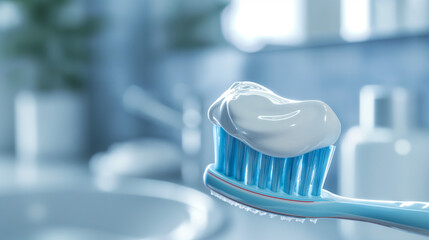 Blue toothbrush with toothpaste in bathroom setting