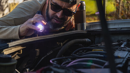 Man inspecting car engine with flashlight in outdoor setting during daylight