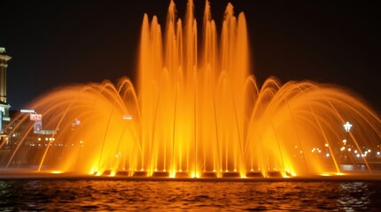 Spectacular illuminated water fountain at night with vibrant orange glow