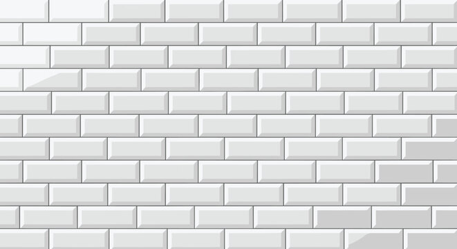 Seamless white subway tile wall background with a clean, classic brick pattern and beveled edges for kitchen or bathroom interior design.