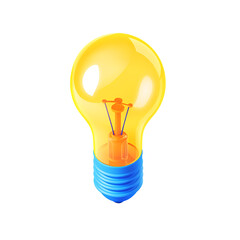 A glowing yellow incandescent light bulb with a blue base isolated on transparent background
