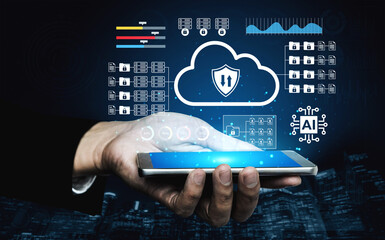 A hand holding a smartphone displays cloud icons and security graphics, illustrating the integration of artificial intelligence in modern digital communication and data protection. Gantry