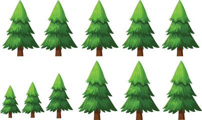Collection of cartoon style green pine trees of varying sizes on white background