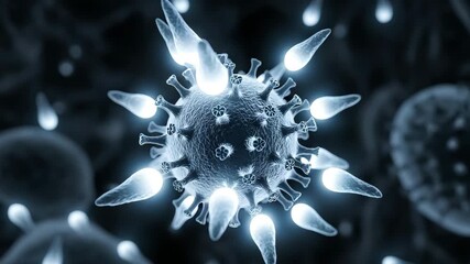 Detailed animation of a pathogenic virus with spikes in a futuristic blue environment - Powered by Adobe