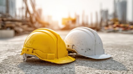 Two protective industrial head coverings rest on rough ground at a sunlit development site
