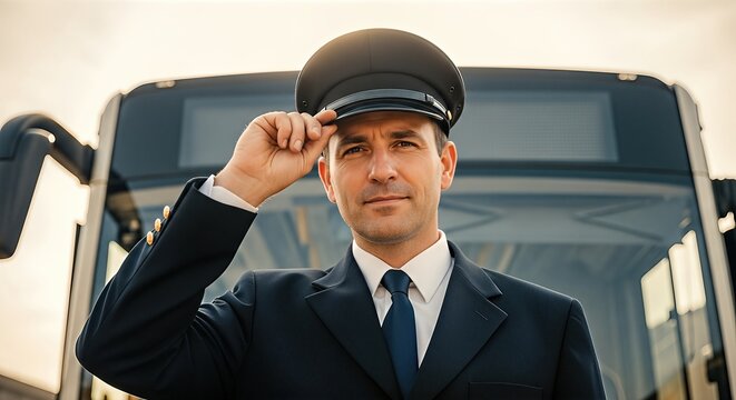 Male bus driver in uniform, saluting with a smile in front of a public transport bus, showcasing dedication and professionalism in the transportation industry
