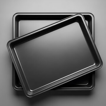 Two black metal baking sheets stacked on a gray surface