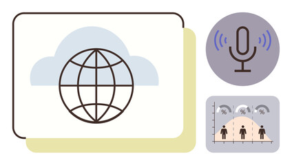 Globe over cloud symbolizing internet, microphone with soundwaves for communication, graph displaying data metrics. Ideal for global connectivity, data analysis, voice tech, cloud solutions