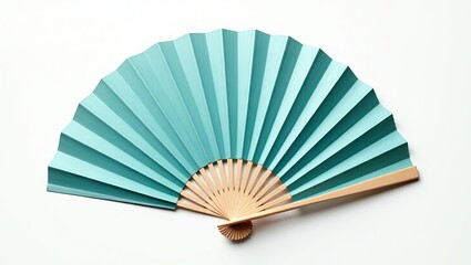 A top-down shot of a fully opened, vibrant turquoise hand fan, resting on a white surface, with a wooden handle.