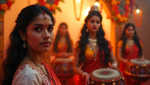 Woman in white-red saree applying sindoor, traditional dhak drummers in silhouette, Durga mandap decorated.