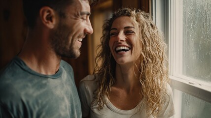 couple doing chores together, laughing while cleaning windows, emotional real-life moment