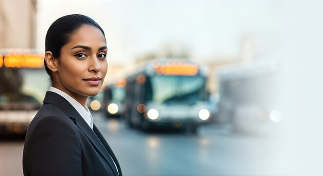Confident woman bus driver in a professional uniform stands proudly on city street, with public transport buses in the background, showcasing dedication to public service and community mobility