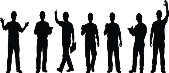 Seven black silhouettes of men wearing hard hats and casual clothing in various poses