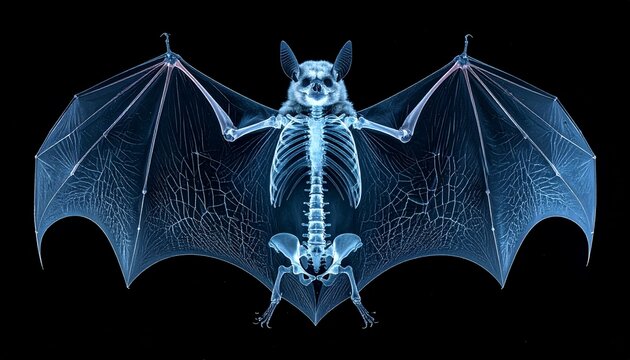 An X-ray of a bat unveils the skeletal structure, showcasing the intricate design of the creature's wings and body. A captivating fusion of biology and technology.
