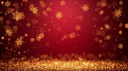 Gleaming golden snowflake design layered upon vivid red texture illuminated by glitter shine christmas backdrop template background wallpaper card design