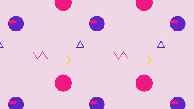Modern colorful geometric shapes pattern animation loop with playful memphis style elements movement