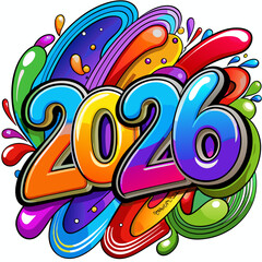 Vibrant and colorful graffiti art style illustration of the year 2026 with abstract shapes and splashes