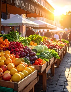 Sunny morning view of a vibrant outdoor market with fresh produce