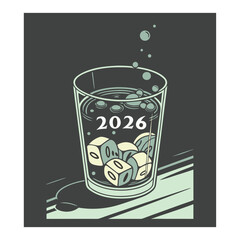 2026 New Year Cocktail Vector Illustration with Dice Ice Cubes and Bubbles in Retro Style