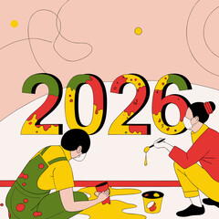 Two people wearing masks paint the numbers of the year 2026 with vibrant colors symbolizing creativity and future planning