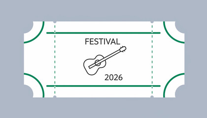 Illustration of a music festival admission ticket for the year 2026, featuring an acoustic guitar icon and classic perforated design