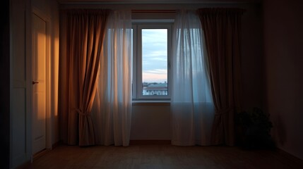 Naklejka premium Dimly lit room interior with curtains drawn showcasing a twilight sky view and warm light from the side