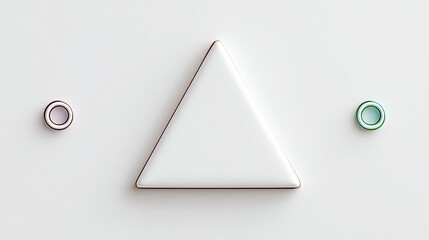 A minimalist composition featuring a white triangle and two circles on a white background. The objects have a clean, modern aesthetic.