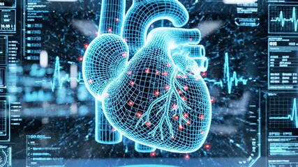 Digital depiction of a human heart with connected red nodes and data displays - Powered by Adobe