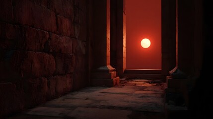 Fototapeta premium An ancient stone passage opens to a dramatic crimson sunset with a bright glowing sun