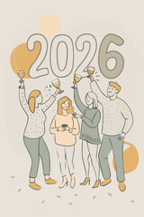 Diverse group of friends celebrating and toasting with wine glasses in anticipation of the year 2026 with festive confetti