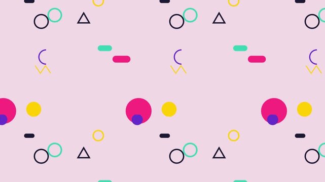 Vibrant geometric shapes animating in a playful memphis style looping background motion design pattern
