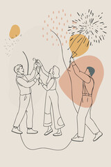 Three friends celebrating with champagne and balloons under abstract shapes and fireworks in a minimalist line art style