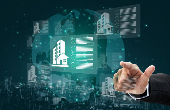 Digital Display of Real Estate Management Interface with Cityscape Background and Virtual Elements for Property Business Solutions Gantry.