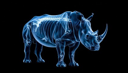 An anatomical study of a rhinoceros, its skeletal structure glows against a deep backdrop, highlighting the animal's powerful form in an artistic rendering.