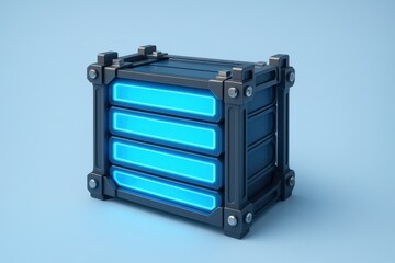 Fototapeta premium Neon Energy Crate: Futuristic glowing box, emitting an ethereal blue light, resting serenely on a minimalist surface, radiating a sense of technological advancement.