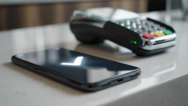 Seamless Contactless Payment: Smartphone with Glowing Transfer Effect and POS Terminal for Modern Transactions