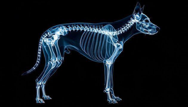 An x-ray image reveals the intricate skeletal structure of a dog, showcasing the spine, ribs, and limb bones in stark detail. A perfect depiction for the study of anatomy, and vet practices.