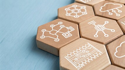 AI Hexagonal Wooden Blocks with Digital Icons on Pastel Blue Background for Technology