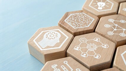 AI Hexagonal Wooden Blocks with Digital Icons on Pastel Blue Background for Technology